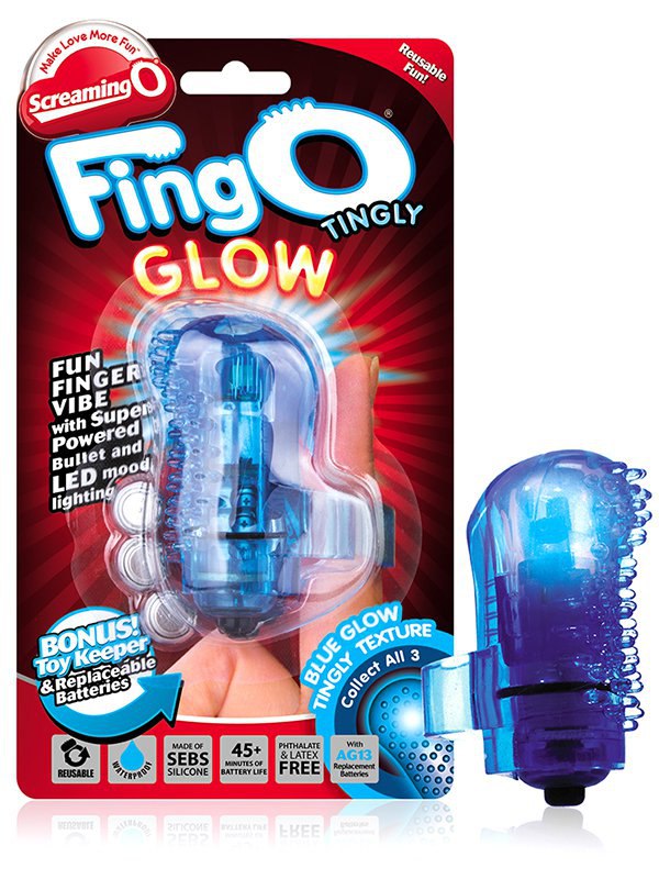 Светящийся вибростимулятор на палец Screaming O - Fing O Glow с щетинками – синий