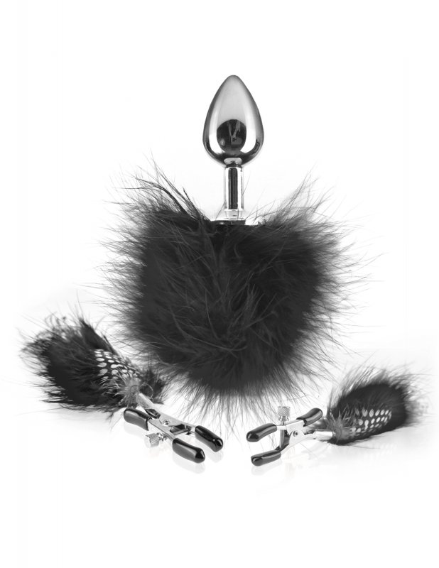 Зажимы для сосков и анальная пробка с перышками Feather Nipple Clamps & Butt Plug – черный